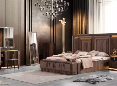 Luxury Suite Double bed Set 6pcs Beige Fabric Bed bed base Bedroom